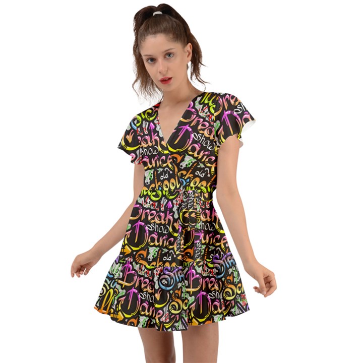 Graffiti Word Seamless Pattern Flutter Sleeve Wrap Dress