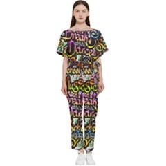 Graffiti Word Seamless Pattern Batwing Lightweight Chiffon Jumpsuit by Wegoenart