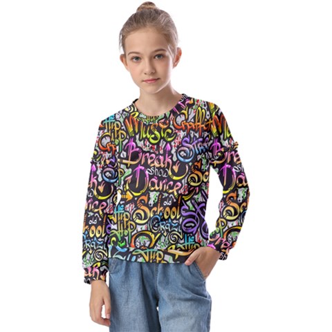 Graffiti Word Seamless Pattern Kids  Long Sleeve Tee With Frill  by Wegoenart