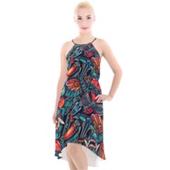 Vintage Tattoos Colorful Seamless Pattern High-low Halter Chiffon Dress 