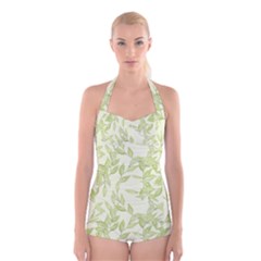 Watercolor Leaves On The Wall  Boyleg Halter Swimsuit  by ConteMonfrey