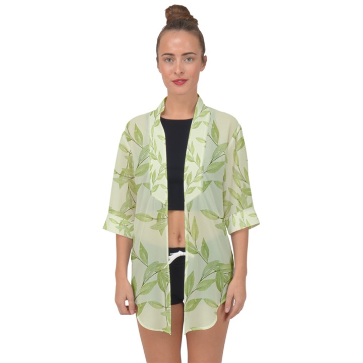 Watercolor Leaves On The Wall  Open Front Chiffon Kimono