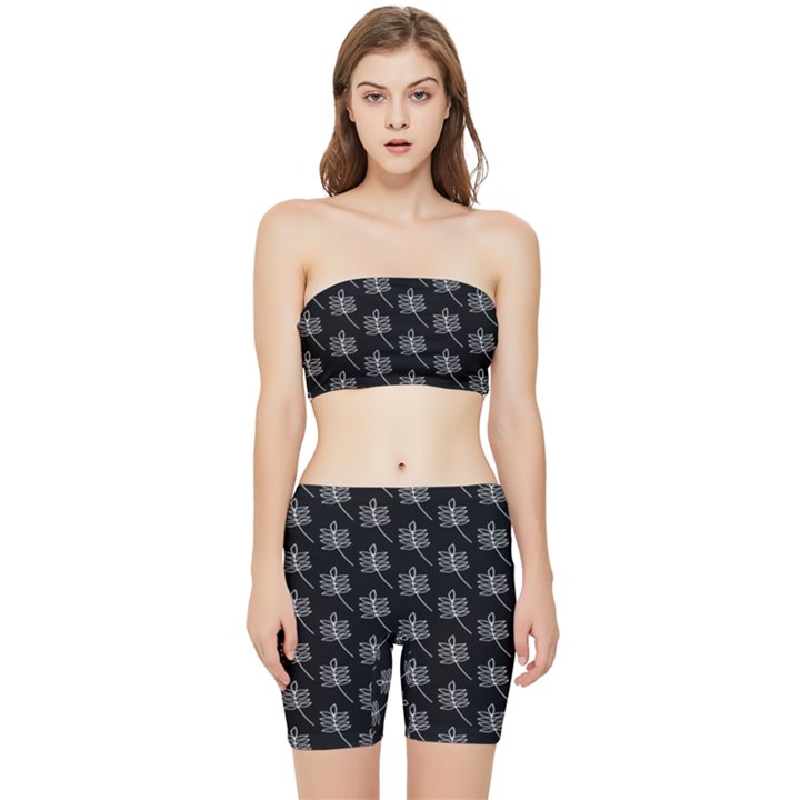 Black Cute Leaves Stretch Shorts and Tube Top Set