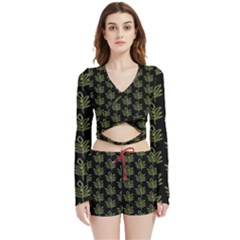 Autumn Leaves Black Velvet Wrap Crop Top And Shorts Set by ConteMonfrey