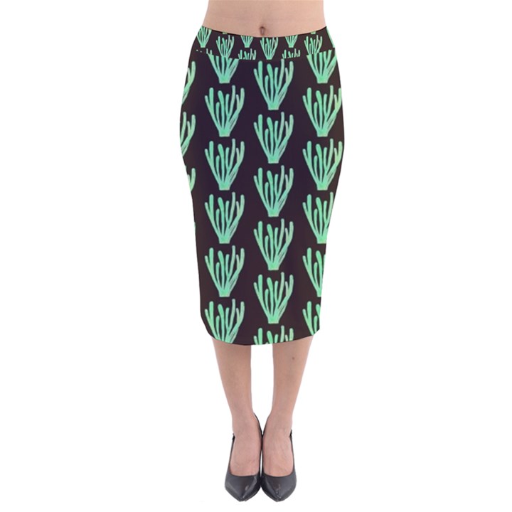 Watercolor Seaweed Black Velvet Midi Pencil Skirt