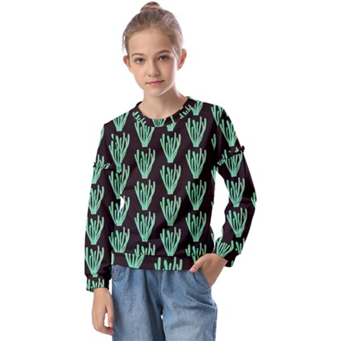 Watercolor Seaweed Black Kids  Long Sleeve Tee With Frill  by ConteMonfrey