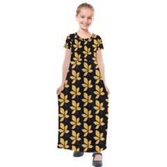 Orange And Black Leaves Kids  Short Sleeve Maxi Dress by ConteMonfrey