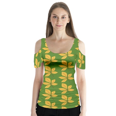 Orange Leaves Green Butterfly Sleeve Cutout Tee  by ConteMonfrey