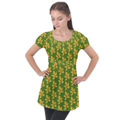 Orange Leaves Green Puff Sleeve Tunic Top