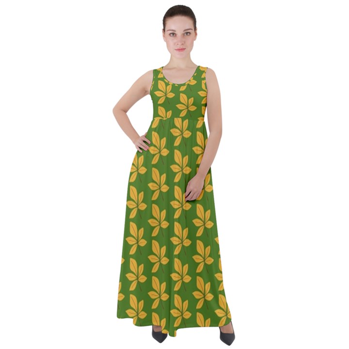 Orange Leaves Green Empire Waist Velour Maxi Dress