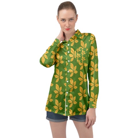 Orange Leaves Green Long Sleeve Satin Shirt by ConteMonfrey