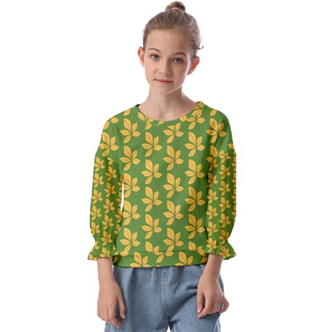 Orange Leaves Green Kids  Cuff Sleeve Top by ConteMonfrey