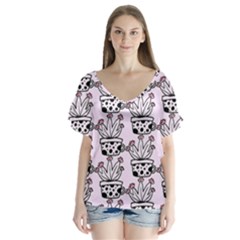 Lovely Cactus With Flower V-neck Flutter Sleeve Top by ConteMonfrey