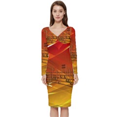 Music Notes Melody Note Sound Long Sleeve V-neck Bodycon Dress  by Wegoenart