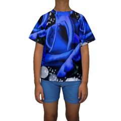 Blue Rose Bloom Blossom Kids  Short Sleeve Swimwear by Wegoenart