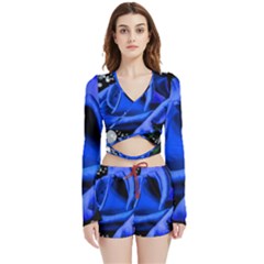 Blue Rose Bloom Blossom Velvet Wrap Crop Top And Shorts Set by Wegoenart