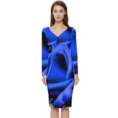 Blue Rose Bloom Blossom Long Sleeve V-neck Bodycon Dress  by Wegoenart