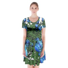 Flower Roses Rose Nature Bouquet Short Sleeve V-neck Flare Dress by Wegoenart