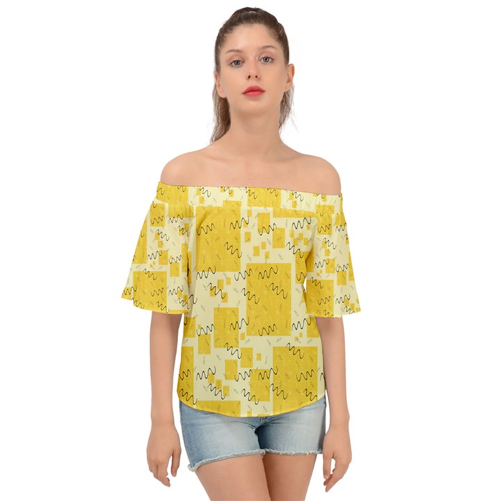 Party Confetti Yellow Squares Off Shoulder Short Sleeve Top