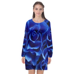 Blue Rose Flower Plant Romance Long Sleeve Chiffon Shift Dress  by Wegoenart