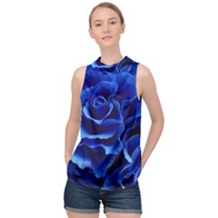 Blue Rose Flower Plant Romance High Neck Satin Top by Wegoenart