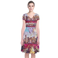 New York Skyline Manhattan City Short Sleeve Front Wrap Dress by Wegoenart