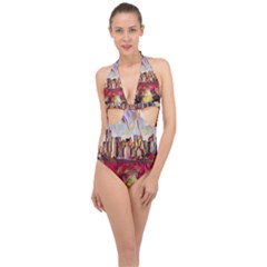 New York Skyline Manhattan City Halter Front Plunge Swimsuit by Wegoenart