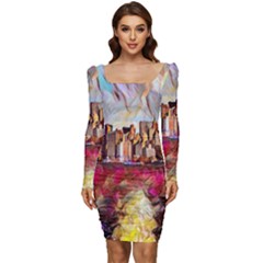 New York Skyline Manhattan City Women Long Sleeve Ruched Stretch Jersey Dress by Wegoenart