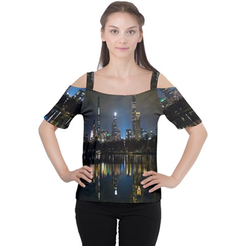 New York Night Central Park Skyscrapers Skyline Cutout Shoulder Tee by Wegoenart