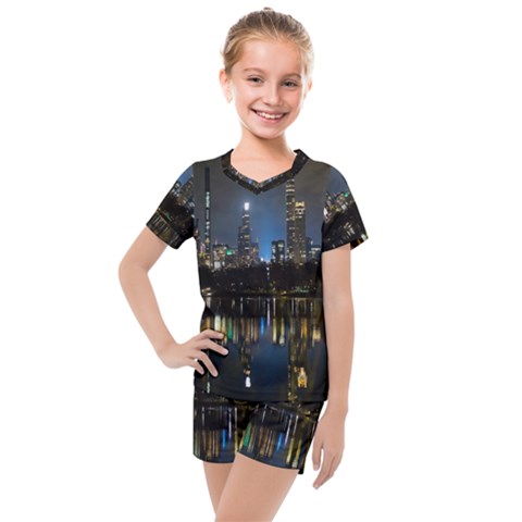 New York Night Central Park Skyscrapers Skyline Kids  Mesh Tee And Shorts Set by Wegoenart