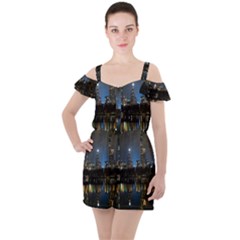 New York Night Central Park Skyscrapers Skyline Ruffle Cut Out Chiffon Playsuit by Wegoenart