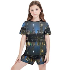 New York Night Central Park Skyscrapers Skyline Kids  Tee And Sports Shorts Set by Wegoenart