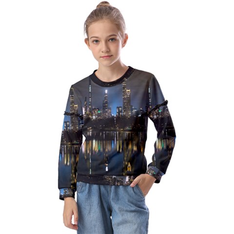 New York Night Central Park Skyscrapers Skyline Kids  Long Sleeve Tee With Frill  by Wegoenart