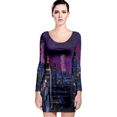 New York Manhattan Skyline Cityscape Downtown Long Sleeve Bodycon Dress by Wegoenart