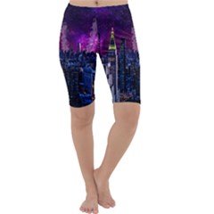 New York Manhattan Skyline Cityscape Downtown Cropped Leggings  by Wegoenart