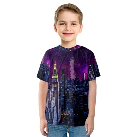 New York Manhattan Skyline Cityscape Downtown Kids  Sport Mesh Tee by Wegoenart