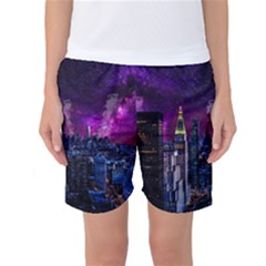 New York Manhattan Skyline Cityscape Downtown Women s Basketball Shorts by Wegoenart