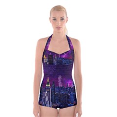 New York Manhattan Skyline Cityscape Downtown Boyleg Halter Swimsuit  by Wegoenart