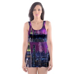 New York Manhattan Skyline Cityscape Downtown Skater Dress Swimsuit by Wegoenart