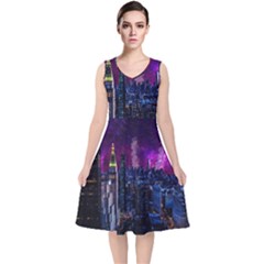 New York Manhattan Skyline Cityscape Downtown V-neck Midi Sleeveless Dress  by Wegoenart