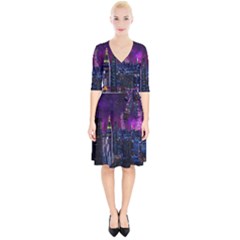 New York Manhattan Skyline Cityscape Downtown Wrap Up Cocktail Dress by Wegoenart