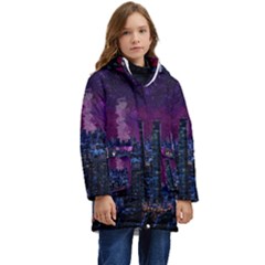 New York Manhattan Skyline Cityscape Downtown Kid s Hooded Longline Puffer Jacket by Wegoenart