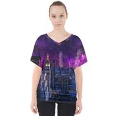 New York Manhattan Skyline Cityscape Downtown V-neck Dolman Drape Top by Wegoenart