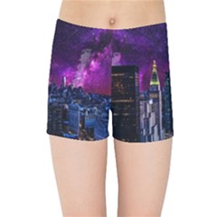 New York Manhattan Skyline Cityscape Downtown Kids  Sports Shorts by Wegoenart