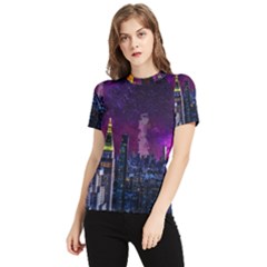 New York Manhattan Skyline Cityscape Downtown Women s Short Sleeve Rash Guard by Wegoenart