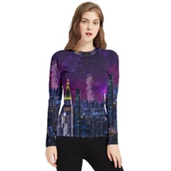 New York Manhattan Skyline Cityscape Downtown Women s Long Sleeve Rash Guard by Wegoenart