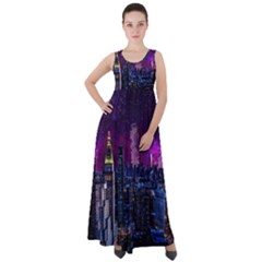 New York Manhattan Skyline Cityscape Downtown Empire Waist Velour Maxi Dress by Wegoenart