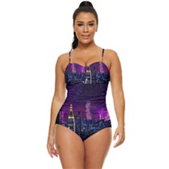 New York Manhattan Skyline Cityscape Downtown Retro Full Coverage Swimsuit by Wegoenart