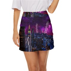 New York Manhattan Skyline Cityscape Downtown Mini Front Wrap Skirt by Wegoenart