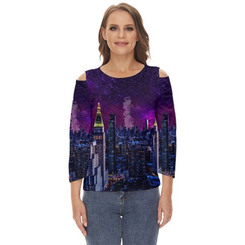 New York Manhattan Skyline Cityscape Downtown Cut Out Wide Sleeve Top by Wegoenart